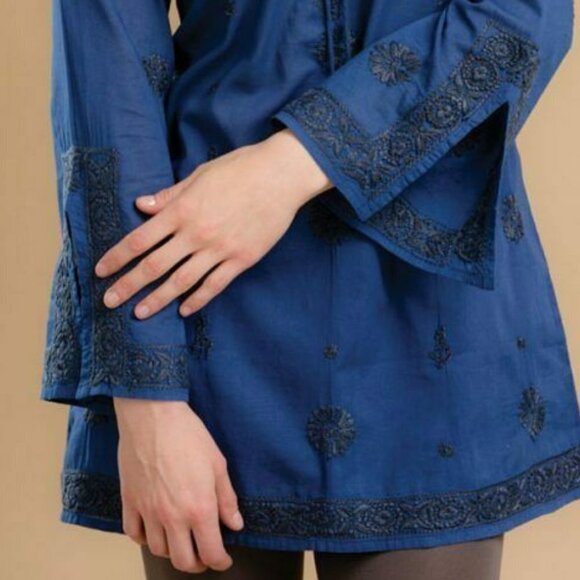 Navy Blue Cotton Embroidered Tunic Handmade - Picture 3 of 3